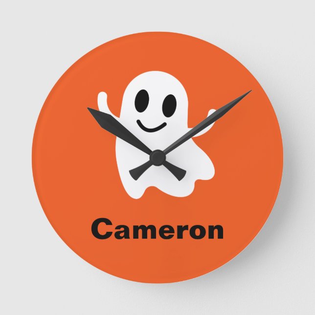 Cute Orange Circle Smiling Halloween Ghost Round Clock (Front)