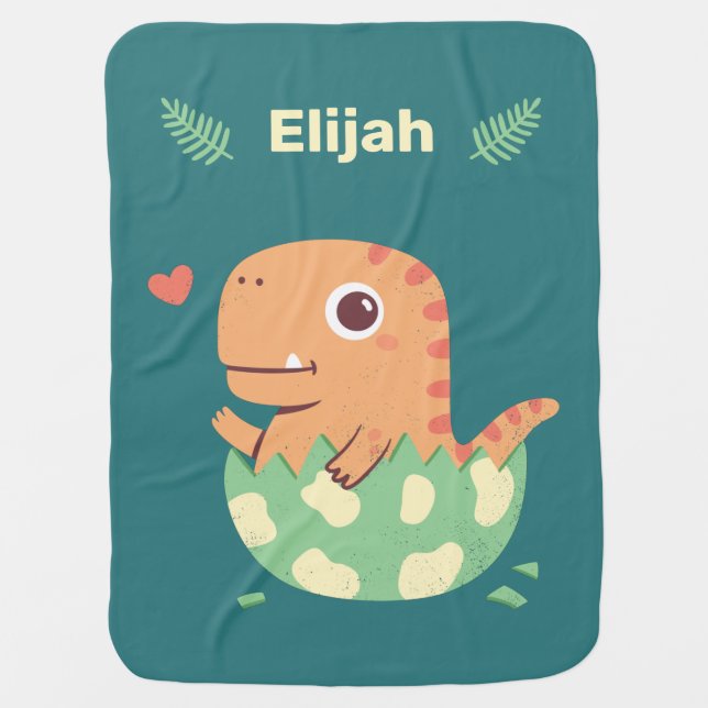 Cute Orange Dino Hatches From Egg Personalized Baby Blanket (Front)