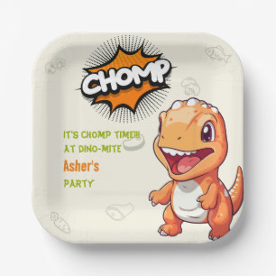Cute Orange Dinosaur Birthday Party Square Paper Plates