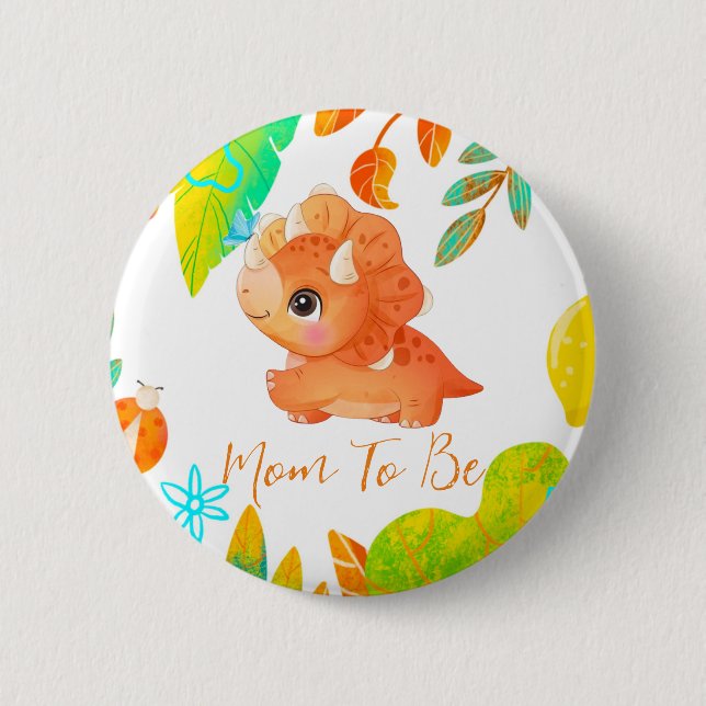 Cute Orange Dinosaur Mom To Be Button (Front)