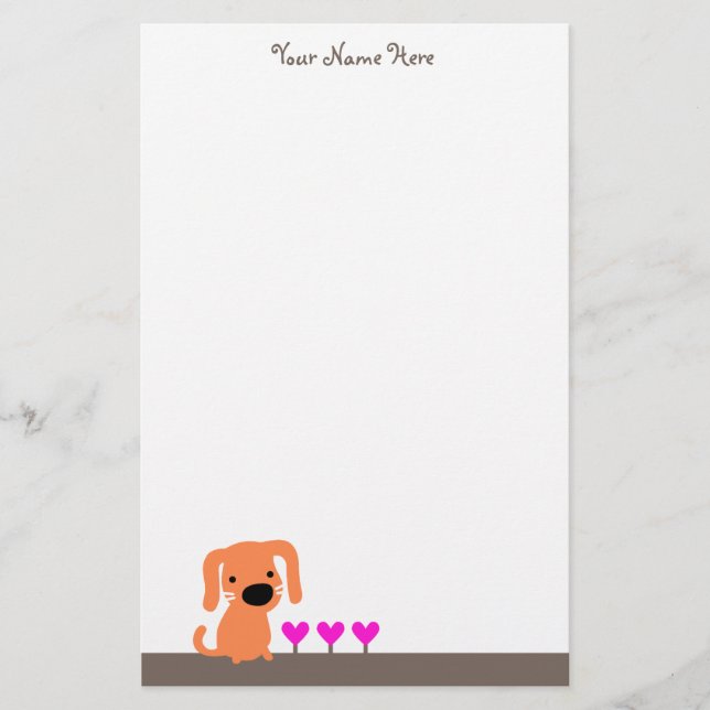 Cute Orange Dog & Hearts Stationery (Front)