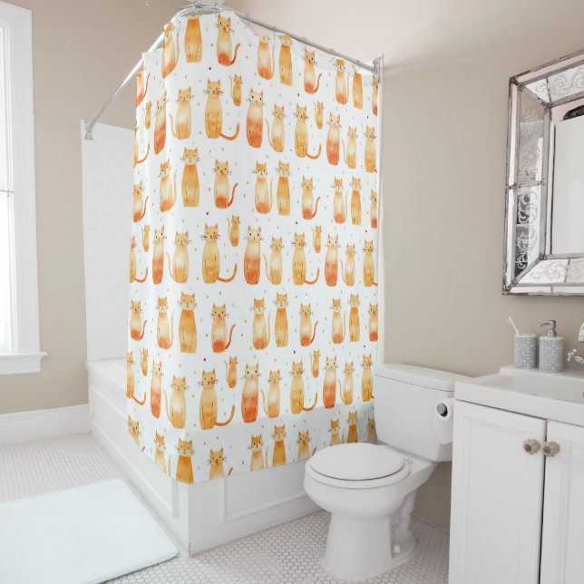 Cute Orange Dots and Cats Shower Curtain (In Situ)