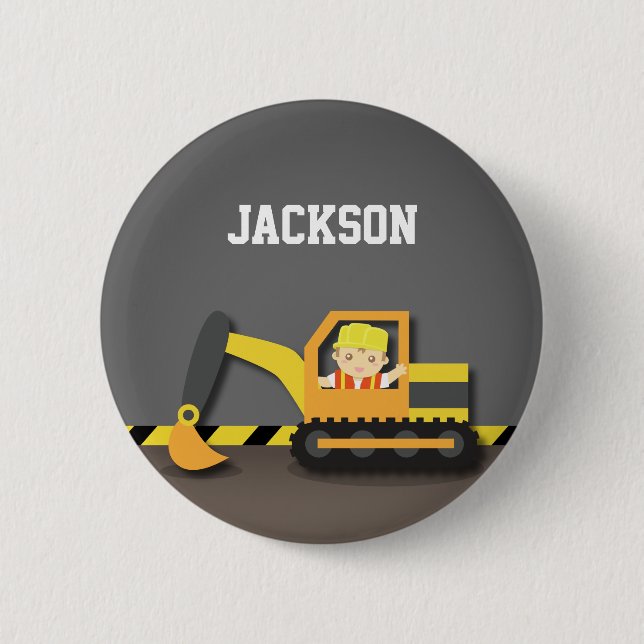 Cute Orange Excavator Construction Builder Boy Button (Front)