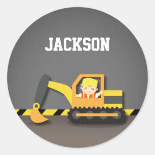 Cute Orange Excavator Construction Builder Boy Classic Round Sticker