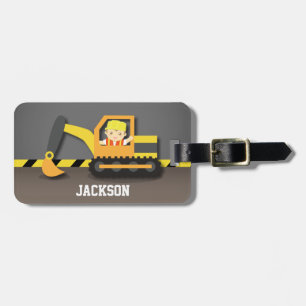 Cute Orange Excavator Construction Builder Boy Luggage Tag