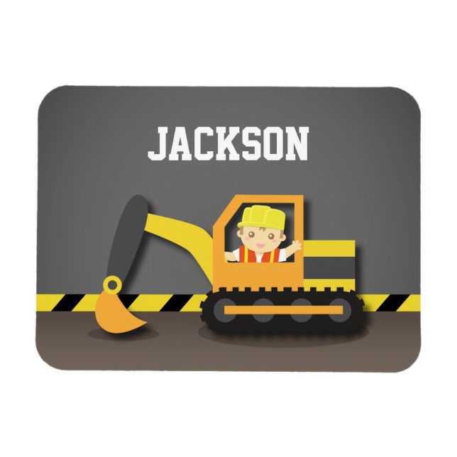 Cute Orange Excavator Construction Builder Boy Magnet (Horizontal)