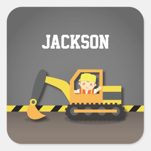 Cute Orange Excavator Construction Builder Boy Square Sticker