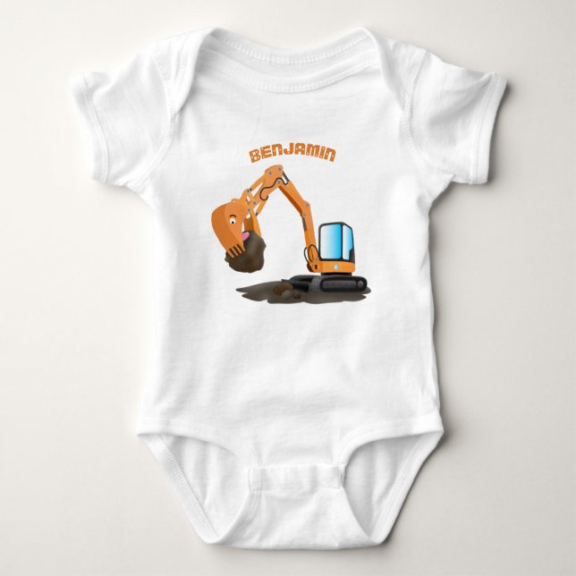 Cute orange excavator digger cartoon baby bodysuit (Front)