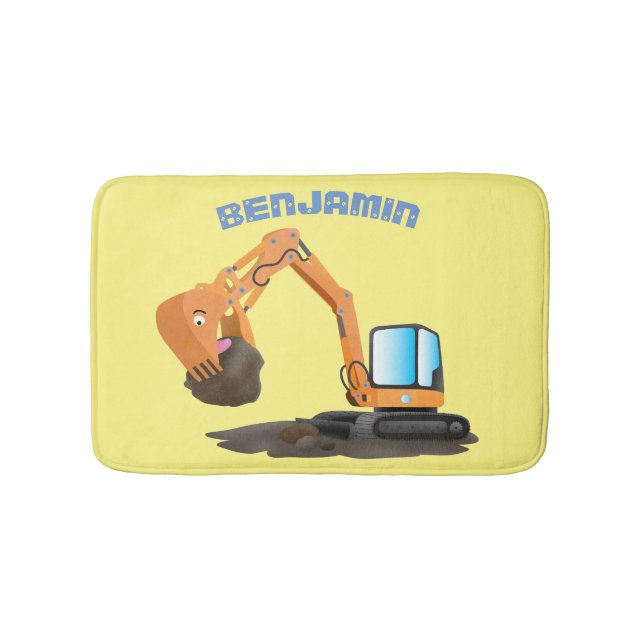 Cute orange excavator digger cartoon bath mat (Front)