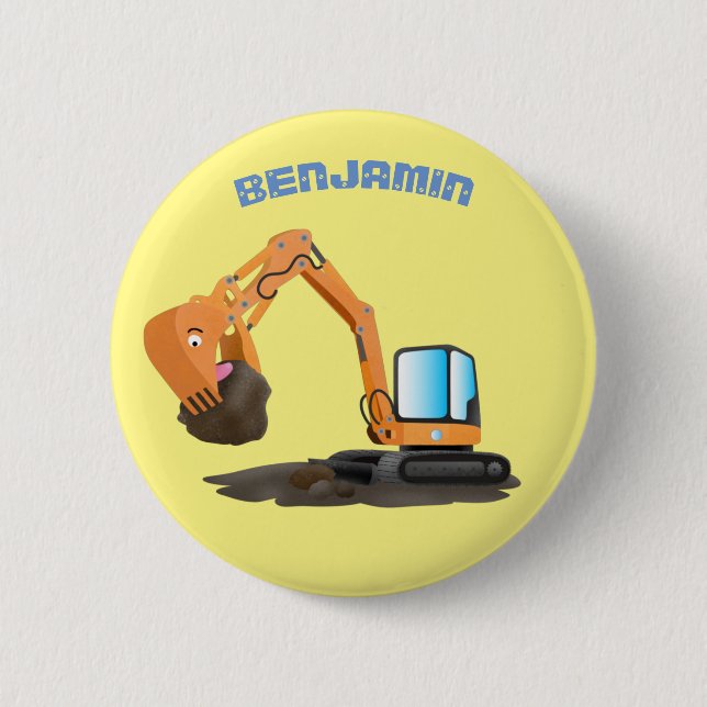 Cute orange excavator digger cartoon button (Front)