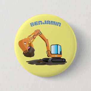 Cute orange excavator digger cartoon button