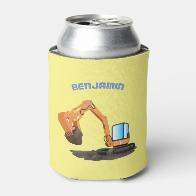 Cute orange excavator digger cartoon can cooler (Can Front)