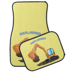 Cute orange excavator digger cartoon car floor mat