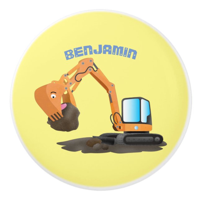 Cute orange excavator digger cartoon ceramic knob (Front)