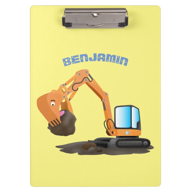 Cute orange excavator digger cartoon clipboard (Front)