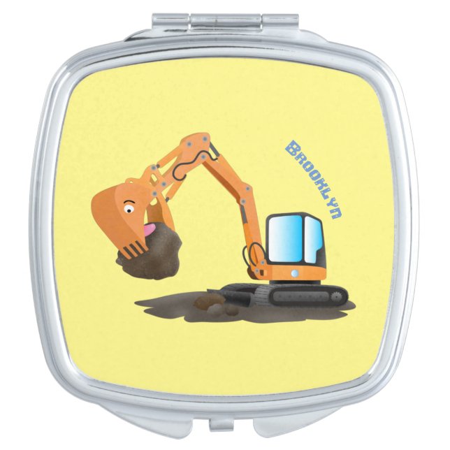 Cute orange excavator digger cartoon compact mirror (Front)