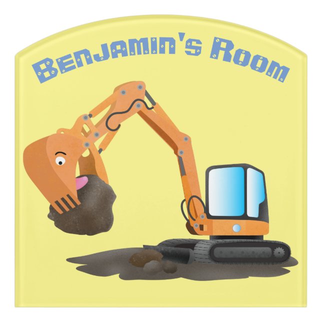 Cute orange excavator digger cartoon door sign (Contour Front)