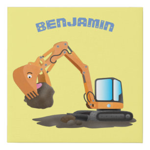 Cute orange excavator digger cartoon faux canvas print