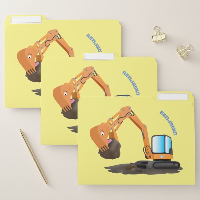 Cute orange excavator digger cartoon file folder (Set)