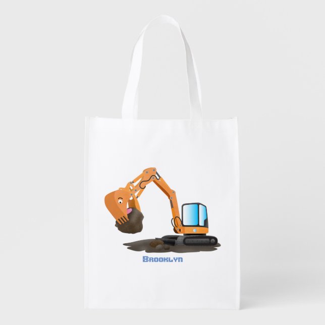 Cute orange excavator digger cartoon grocery bag (Front)