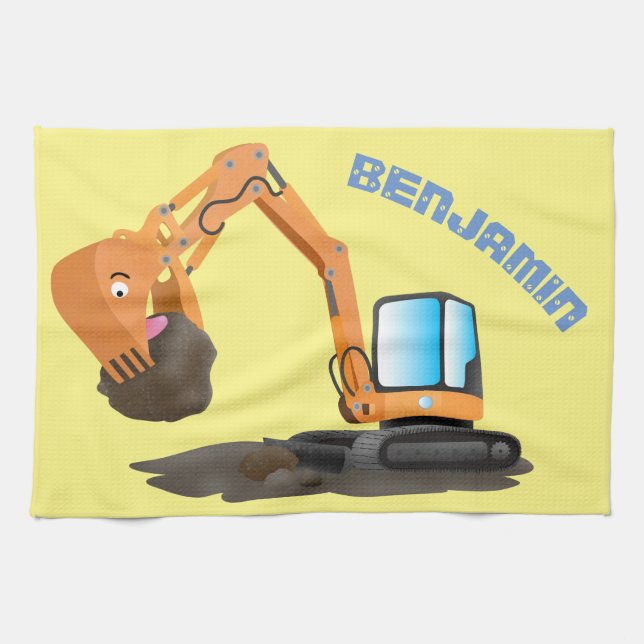 Cute orange excavator digger cartoon kitchen towel (Horizontal)
