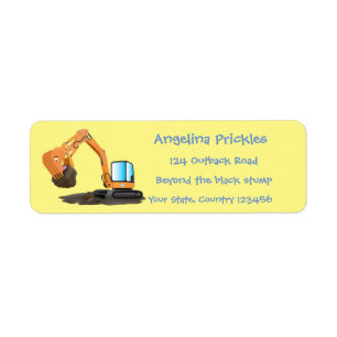 Cute orange excavator digger cartoon label