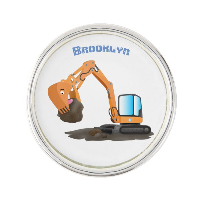 Cute orange excavator digger cartoon lapel pin (Front)