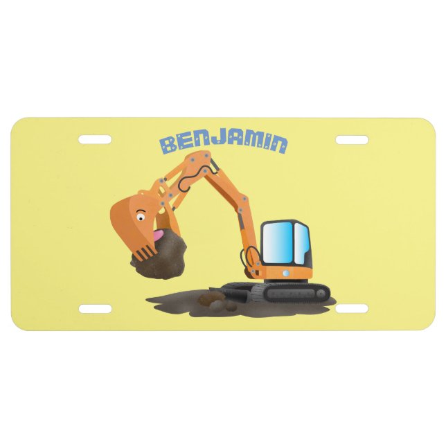 Cute orange excavator digger cartoon license plate (Front)