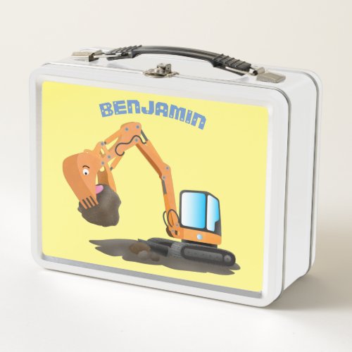 Cute orange excavator digger cartoon metal lunch box