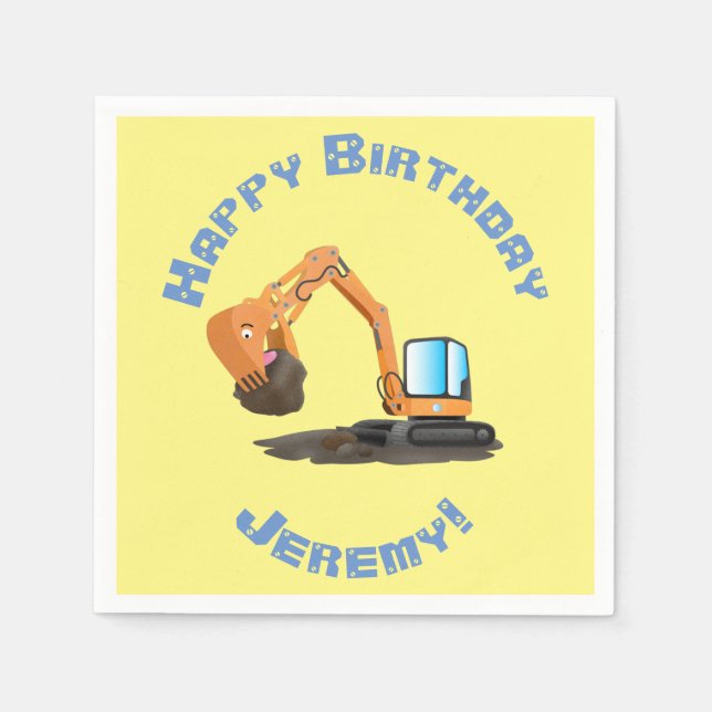 Cute orange excavator digger cartoon napkins (Front)
