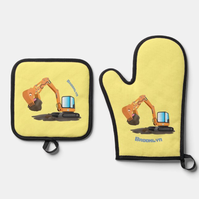 Cute orange excavator digger cartoon oven mitt & pot holder set (Front)