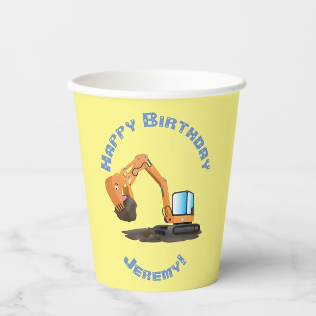 Cute orange excavator digger cartoon paper cups (Front)