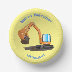 Cute orange excavator digger cartoon paper plates bowls