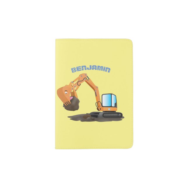 Cute orange excavator digger cartoon passport holder (Front)