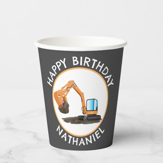 Cute orange excavator digger cartoon personalized paper cups (Front)