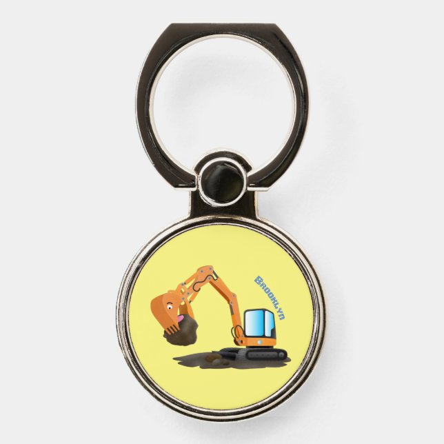 Cute orange excavator digger cartoon phone ring stand (Front)