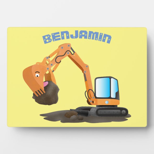 Cute orange excavator digger cartoon plaque (Front)