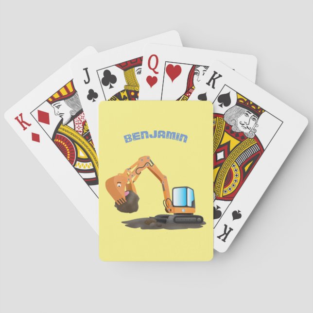 Cute orange excavator digger cartoon poker cards (Back)