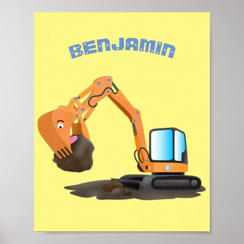 Cute orange excavator digger cartoon poster