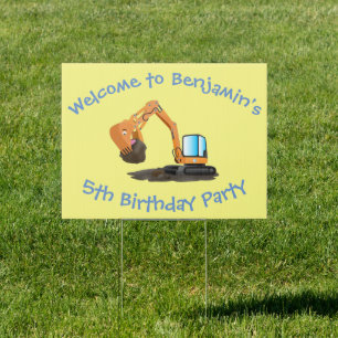 Cute orange excavator digger cartoon sign