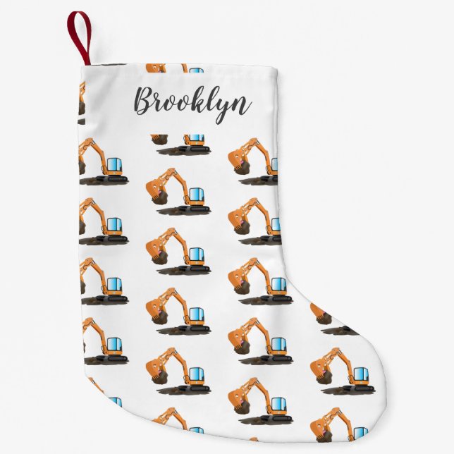 Cute orange excavator digger cartoon small christmas stocking (Front)