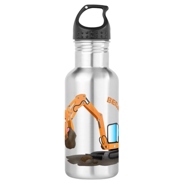 Cute orange excavator digger cartoon stainless steel water bottle (Front)