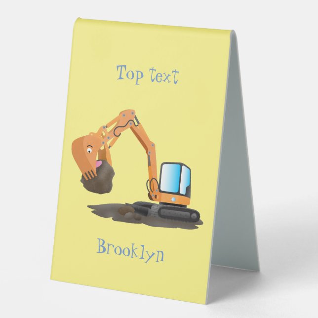 Cute orange excavator digger cartoon table tent (Front)