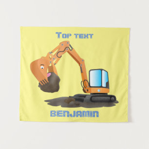 Cute orange excavator digger cartoon tapestry