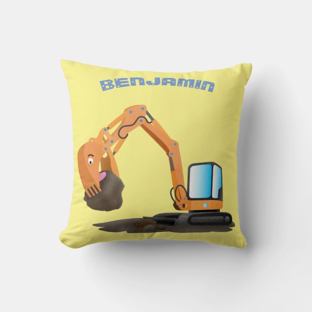 Cute orange excavator digger cartoon throw pillow (Front)