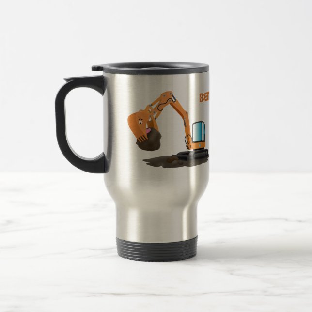 Cute orange excavator digger cartoon travel mug (Left)