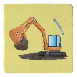 Cute orange excavator digger cartoon trivet