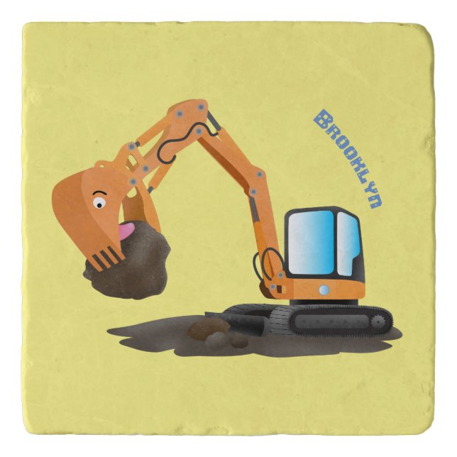 Cute orange excavator digger cartoon trivet (Front)