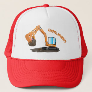 Cute orange excavator digger cartoon trucker hat