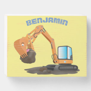 Cute orange excavator digger cartoon wooden box sign